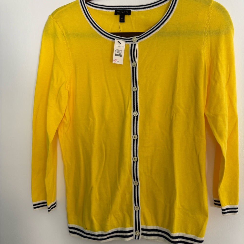 Talbots Vibrant Yellow Cardigan with Navy Stripes